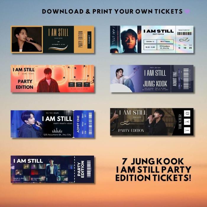 Variations of JK party edition designs for custom printable cinema tickets