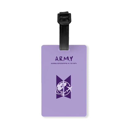 Purple luggage tag ARMY with a plain background