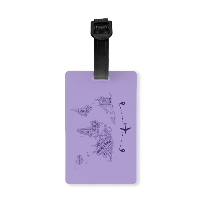 Purple luggage tag map of the soul bts with a plain background