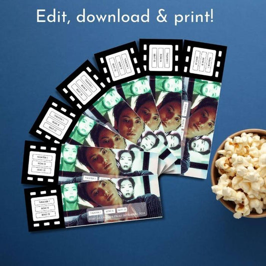 set of JK cinema tickets with popcorn and blue background