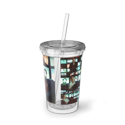 leftside acryl plastic tumbler with design JK documentary i am still with a white solid background