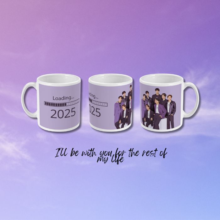 Mockup of different angles showing mug with BTS loading 2025 design