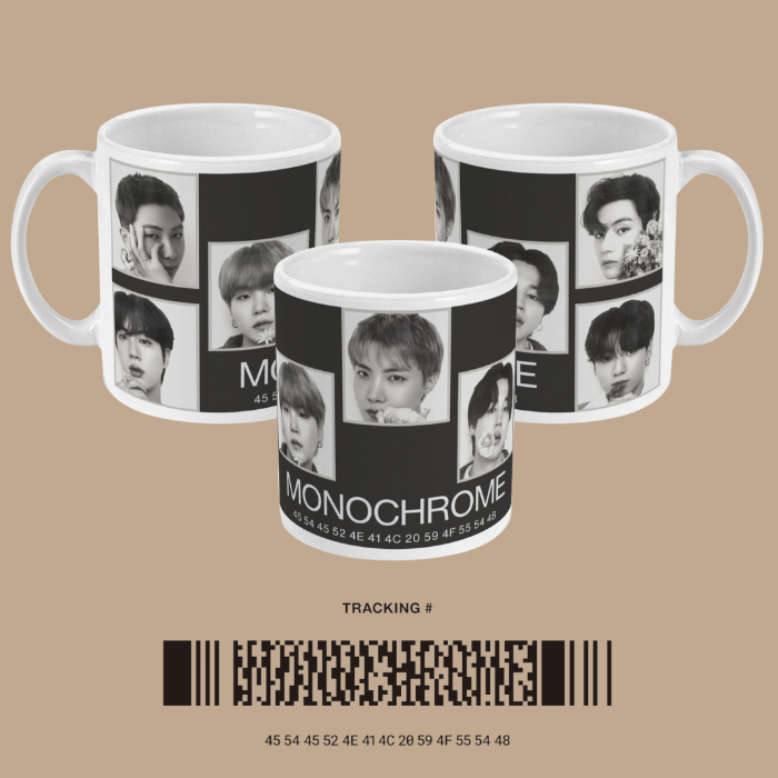 Monochrome BTS OT7 mug featuring all seven members, including Jin, J-Hope, Jungkook, Jimin, Taehyung, Suga, and RM