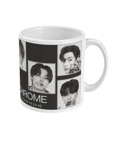 White mug with a monochrome BTS design showing all members in a classy and minimalist style.