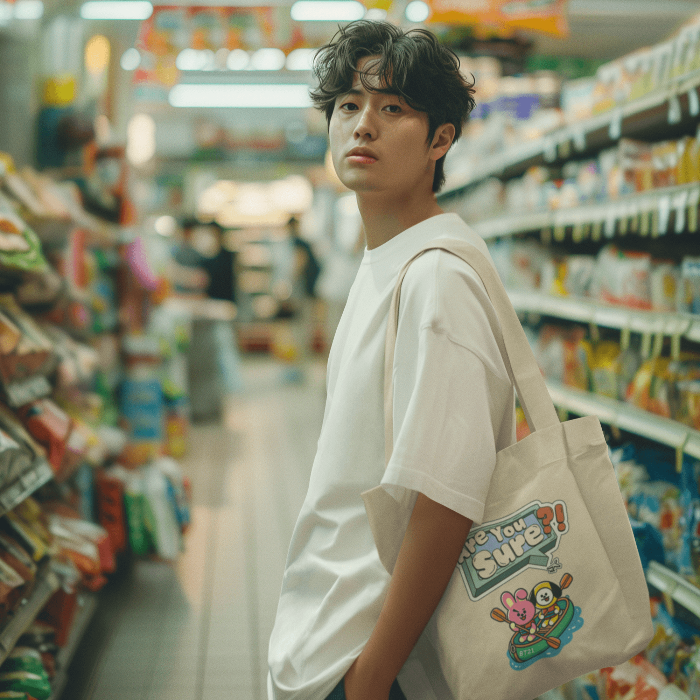 asian man in grocery store holding natural beige totebag with AYS chimmy cooky design