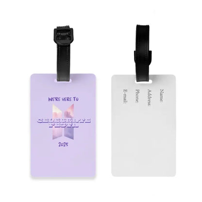 Front and back of a purple luggage tag with comeback BTS 2025 design