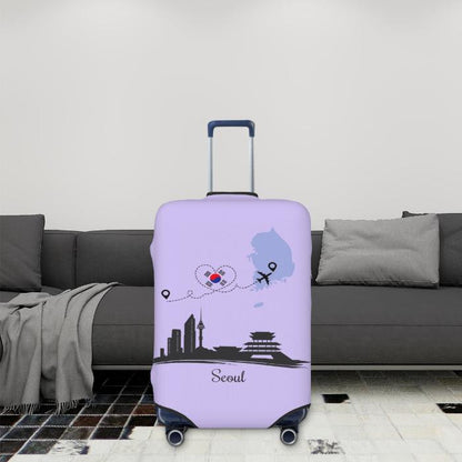 Travel suitcase with skyline seoul south korea design with purple colored suitcase cover in livingroom