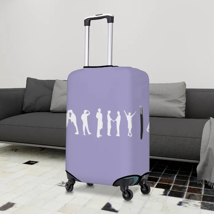 Travel suitcase with purple with wihite BTS ARMY sign design suitcase cover in livingroom