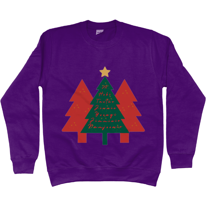 ARMY Holiday Tree BTS Christmas Sweater with festive tree design and member nicknames, perfect for showing BTS love during the holidays.