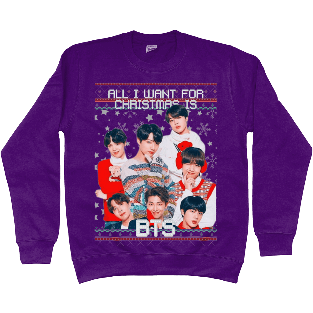 BTS Christmas sweater with cozy group photo and festive snowflakes on purple background. Ideal for holiday cheer and ARMY style.