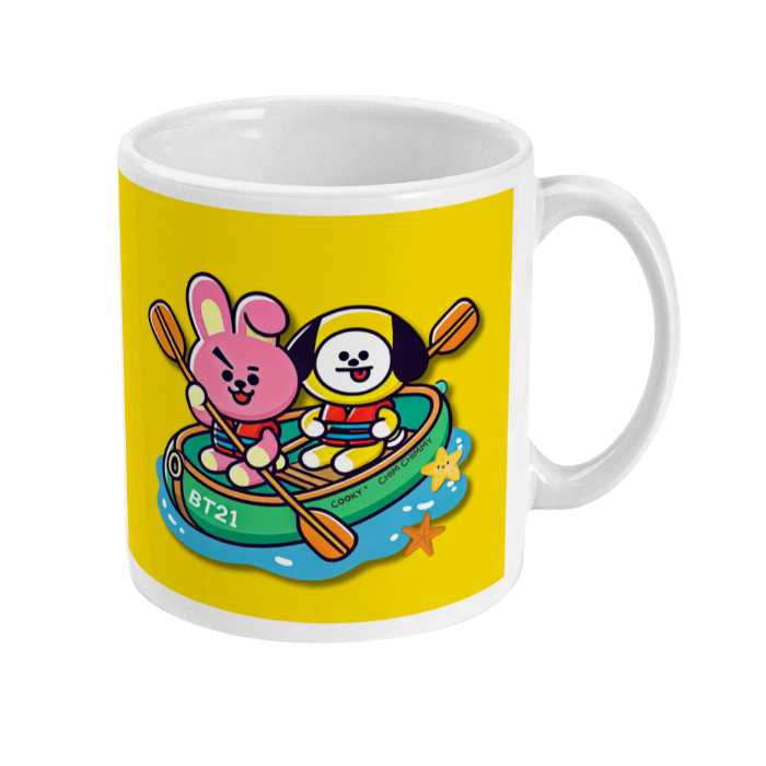 Left side image of a two toned mug white yellow with Chimmy Cooky row a boat design representing Jimin and Jungkook