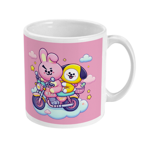 Two toned mug white pink coloured with Chimmy Cooky ride a bike design representing Jimin and Jungkook