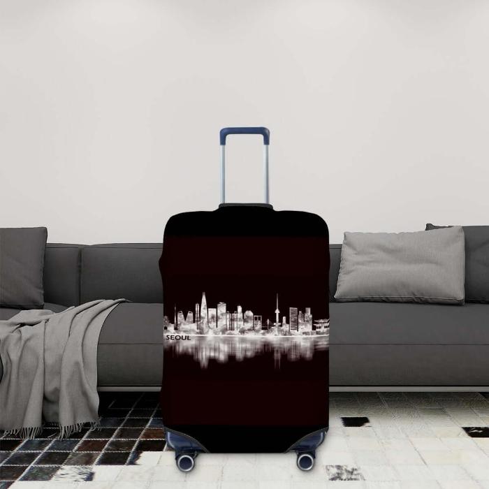 Black suitcase cover with a seoul skyline design