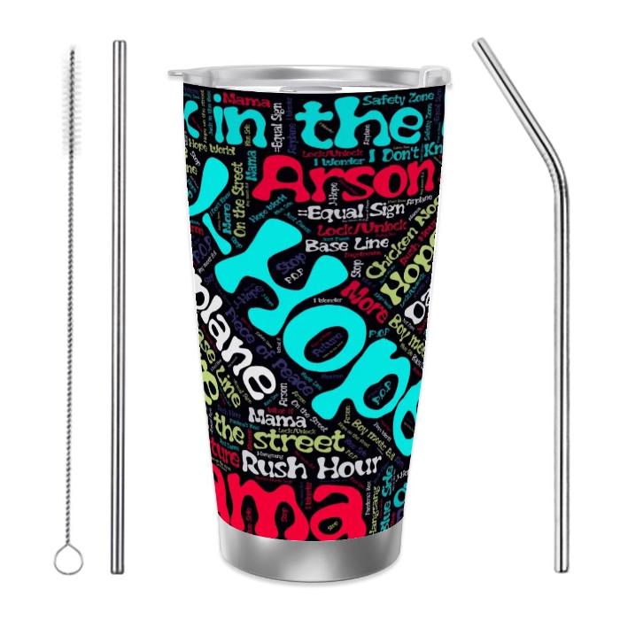 Stainless steel J-Hope discography travel mug with three straws and plain background