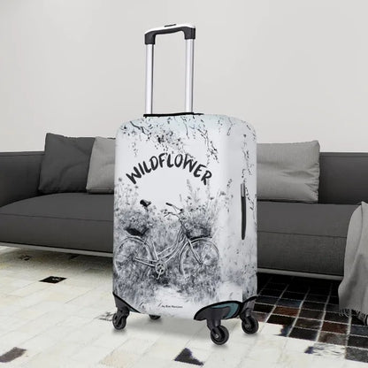 Travel suitcase with suitcase cover designed with birthflower inspiration in livingroom