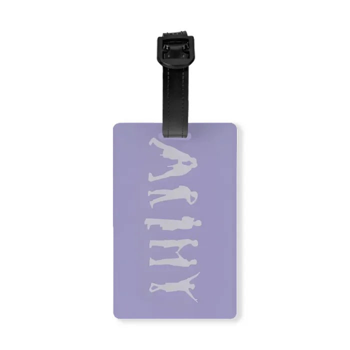 Frontside purple luggage tag with BTS ARMY sign design