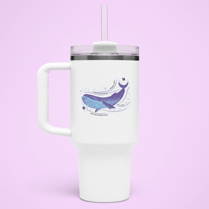 White travel mug with iconic whalien of bts design with pink background