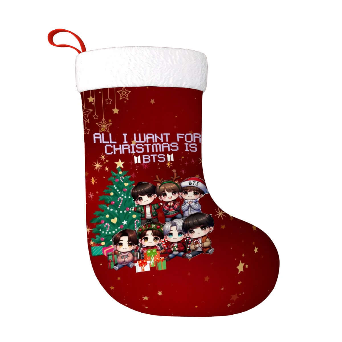 Chibi Style BTS Christmas Stocking with festive mini BTS members, perfect for holiday décor or gifting to BTS fans.