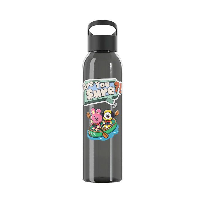 close-up image black coloured water bottle AYS chimmy and cooky