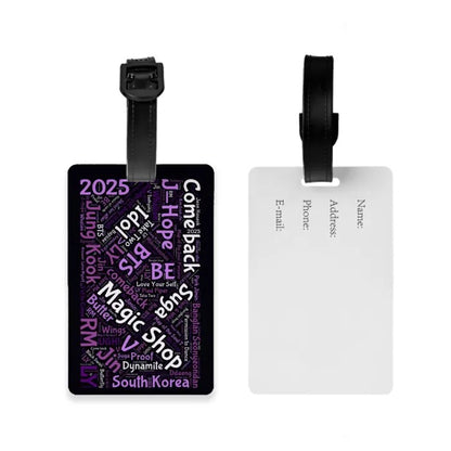 Image of front and back luggage tag with deisgn Magic shop -comeback inspired by BTS