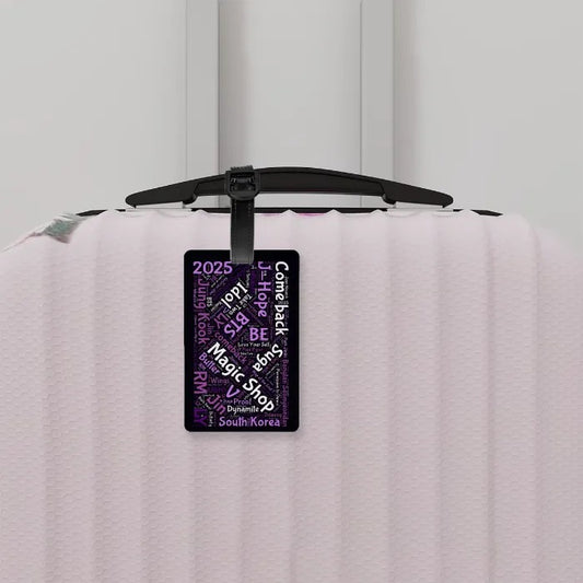 A suitcase with a luggage tag design inspired by Magic shop of BTS