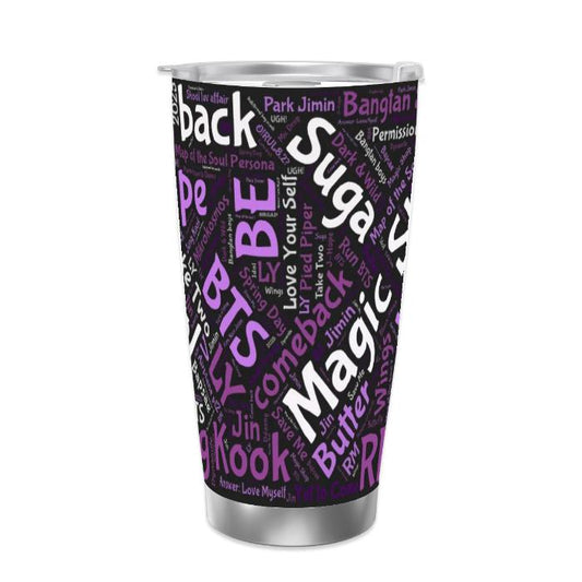 BTS Travel Mug featuring decade of music tracklists from all members, showcasing a sleek 20oz stainless steel design.