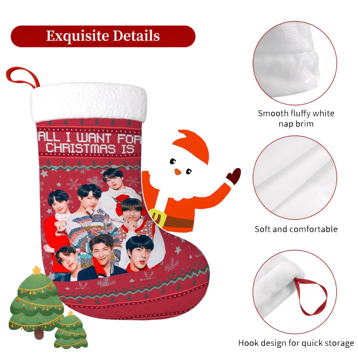 Christmas stocking featuring BTS members, plush fabric, festive design, perfect for ARMY holiday celebrations with hook for storage.