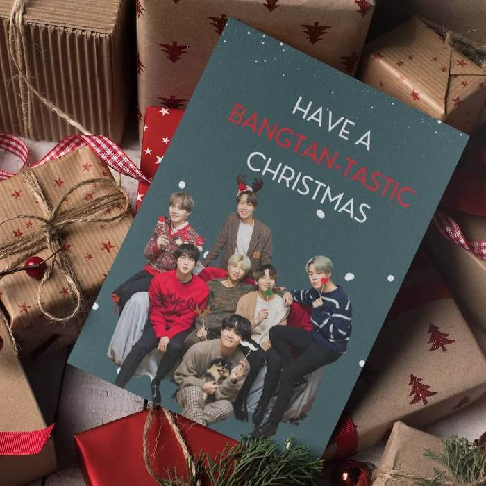 BTS Christmas postcard with festive design, perfect for ARMY fans.