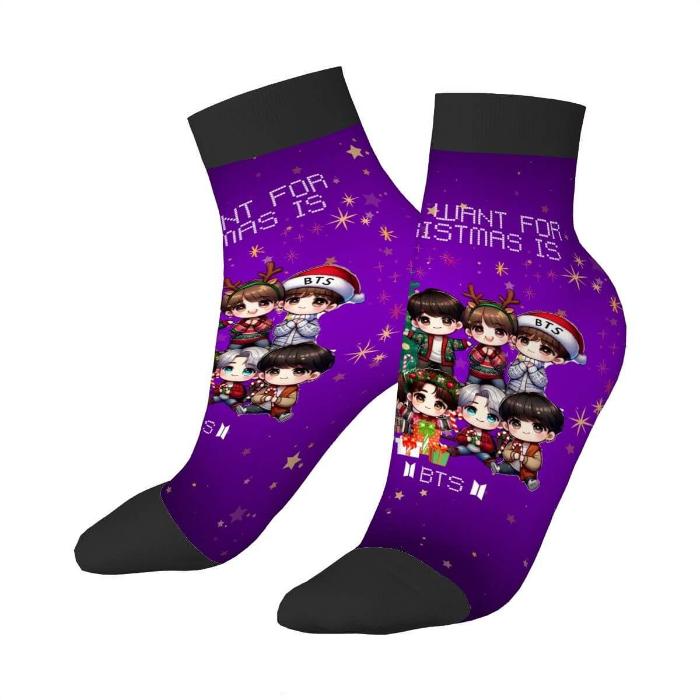 close up image of BTS christmas socks chibby style