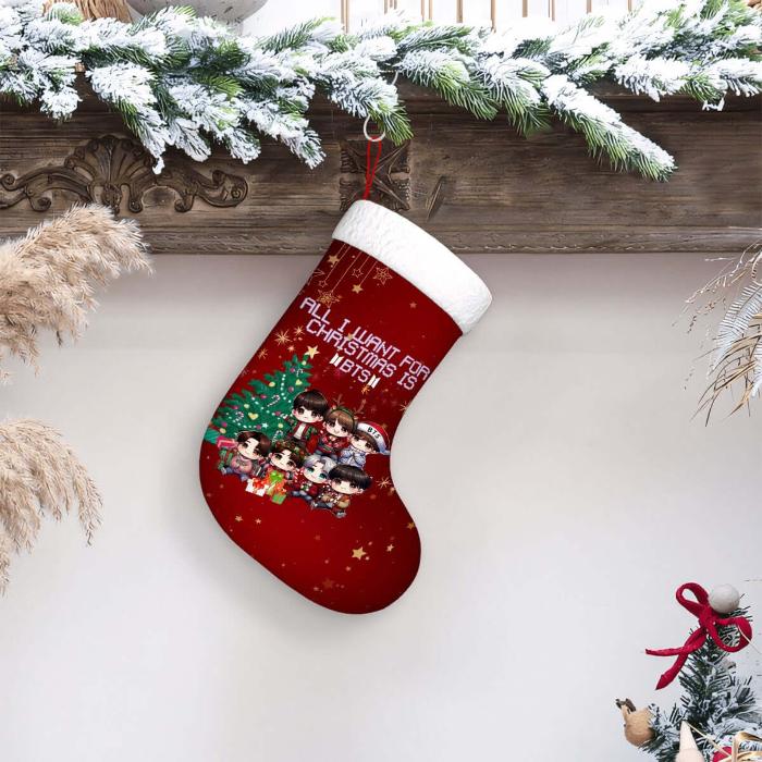 Adorable chibi-style BTS Christmas stocking hanging by a decorated mantel for festive holiday cheer.