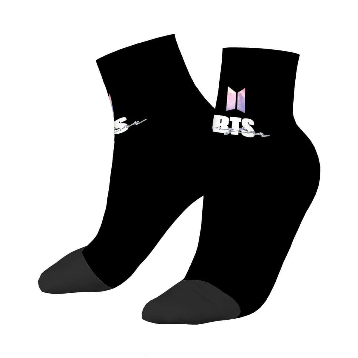 Black BTS tube socks, perfect for everyday wear, featuring bold logo design. Ideal for fans and holiday gifts. 95% polyester, 5% spandex.