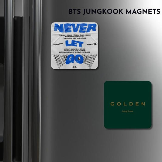 refrigerator with fridge magnets golden and never let go of jungkook covers