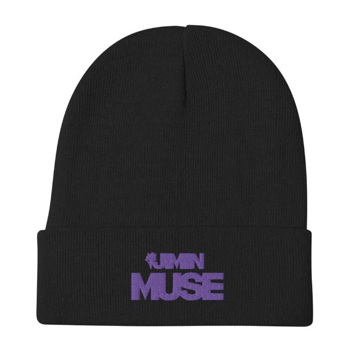 Frontside close-up of black Muse Jimin beanie