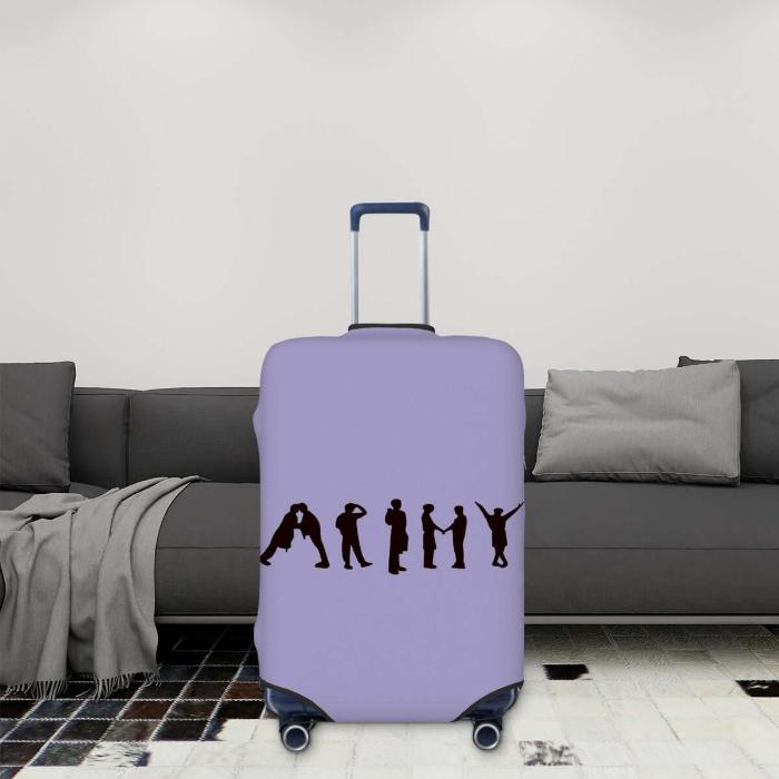 Purple suitcase cover with Bangtan design in a livingroom