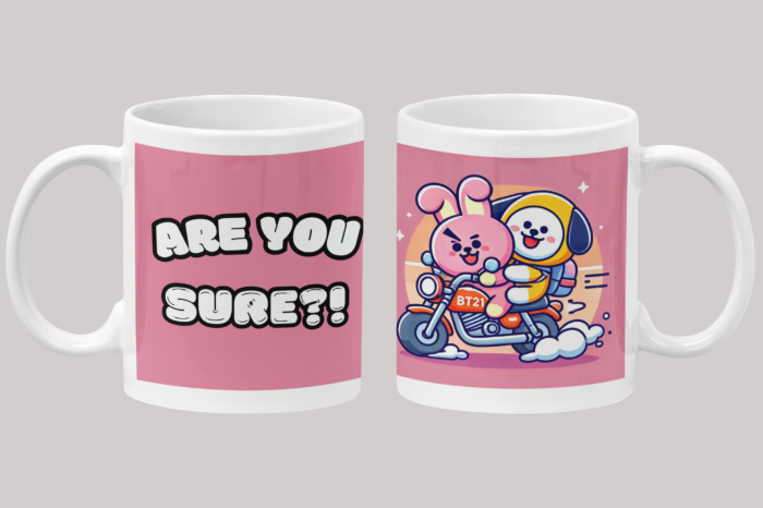 Cooky and Chimmy ride a bike design side by side mug BTS with grey background