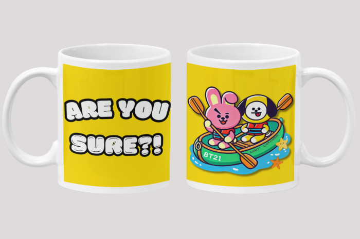 Two toned mug white yellow mug with Chimmy Cooky row a boat design representing Jimin and Jungkook