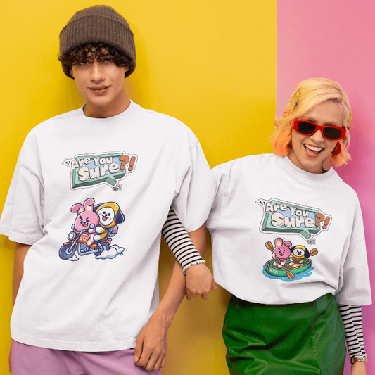 young couple in a new pop wave style wearing oversized t-shirt with AYS chimmy cooky design