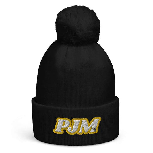 Jimin Pom Pom Beanie in black featuring 'PJM' initials, perfect cozy charm for ARMY winter wear.