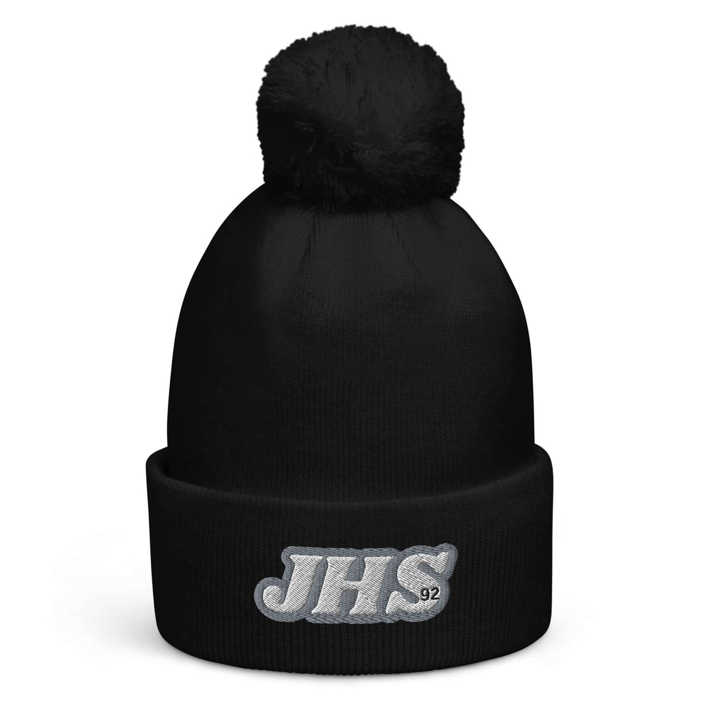 "J-Hope Hobi Pompom Beanie in black with pom pom, cozy winter hat for BTS fans, featuring JHS embroidery, soft acrylic knit"