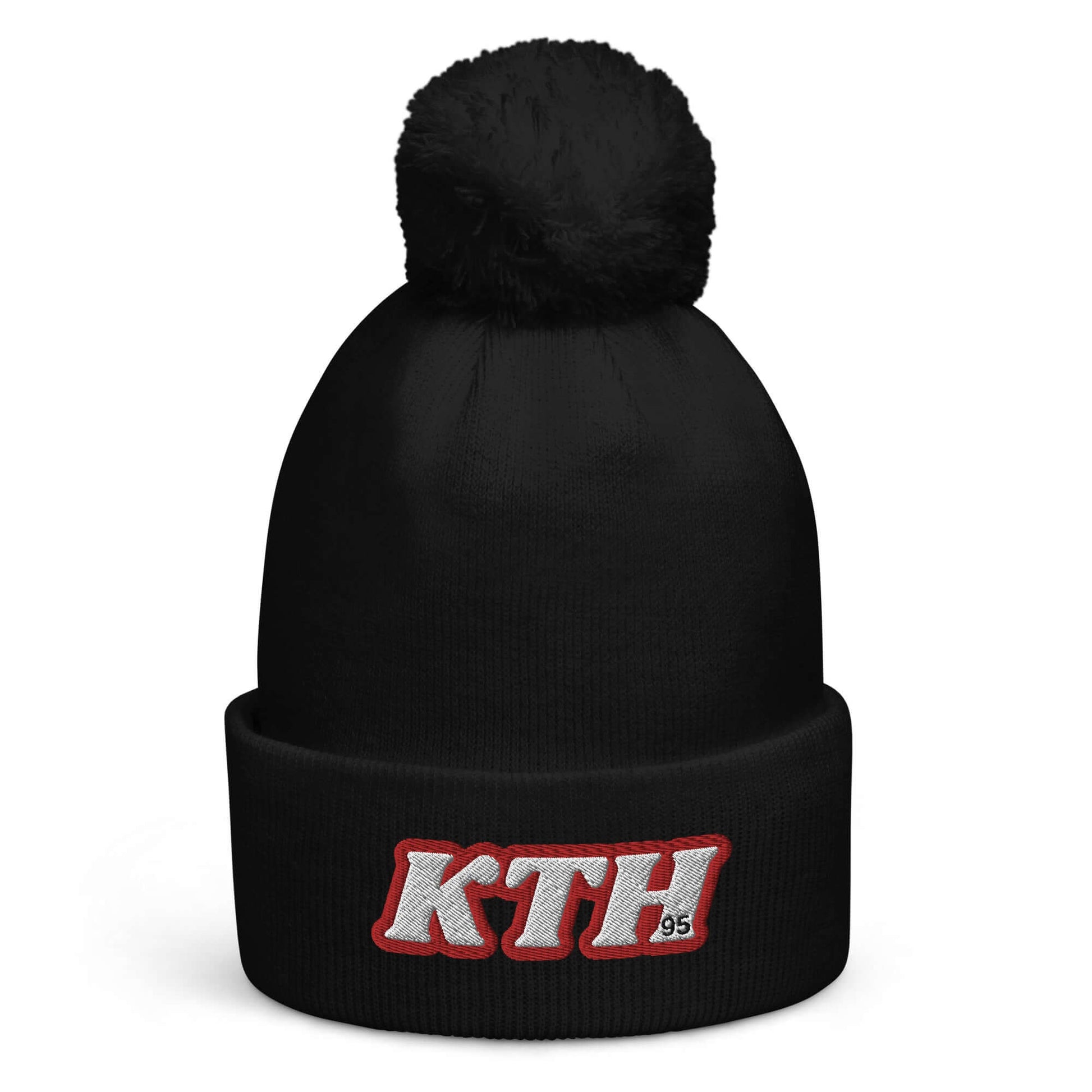 Black pom pom beanie with "KTH 95" embroidery, inspired by Taehyung V of BTS, showing stylish charisma and warmth.