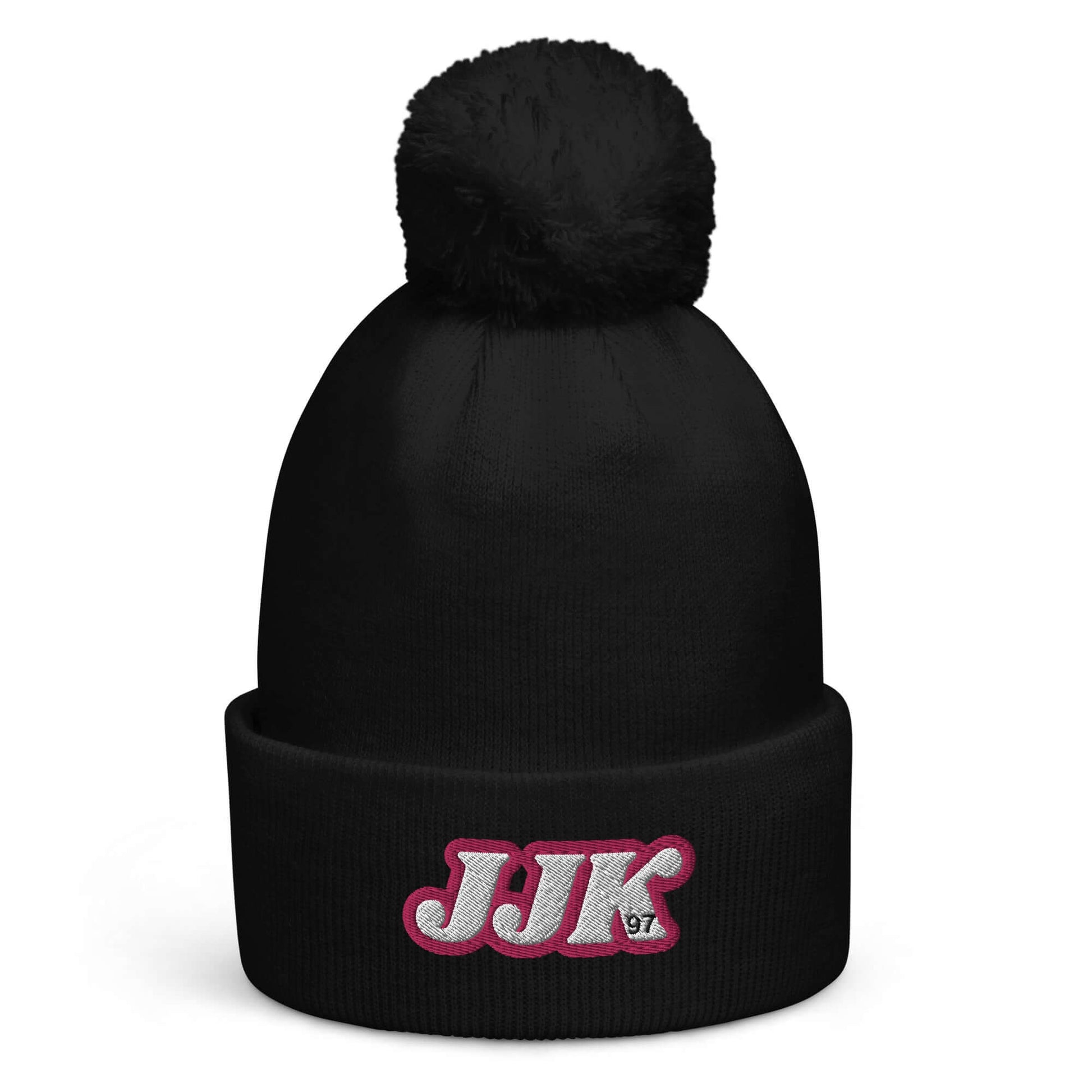 Black Jung Kook Pom Pom Beanie with "JJK" embroidery, soft acrylic, double layer knit, perfect for winter warmth and style.