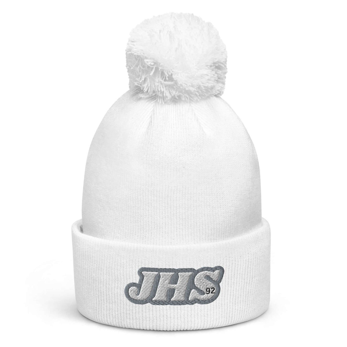 Cozy white pom pom beanie with "JHS 92" embroidery, perfect for BTS fans and winter style. Soft, warm, and stylish accessory.