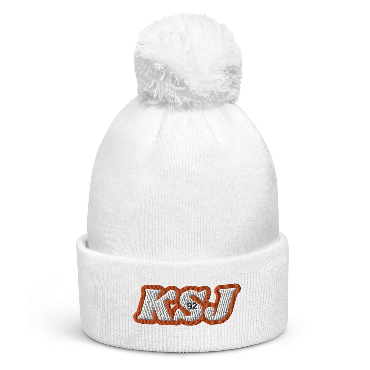 Cozy white pom pom beanie with KSJ embroidery, crafted from soft-touch acrylic, perfect for keeping warm in style.