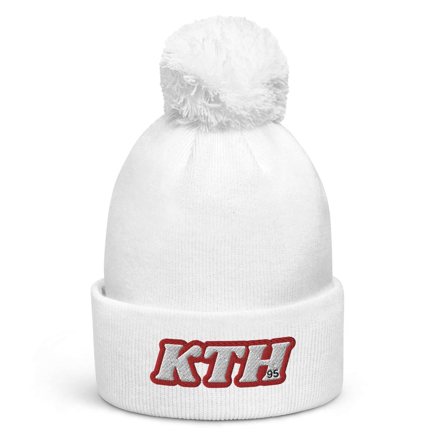 White pom pom beanie with "KTH 95" embroidery, inspired by BTS V's charisma, perfect for warmth and style.