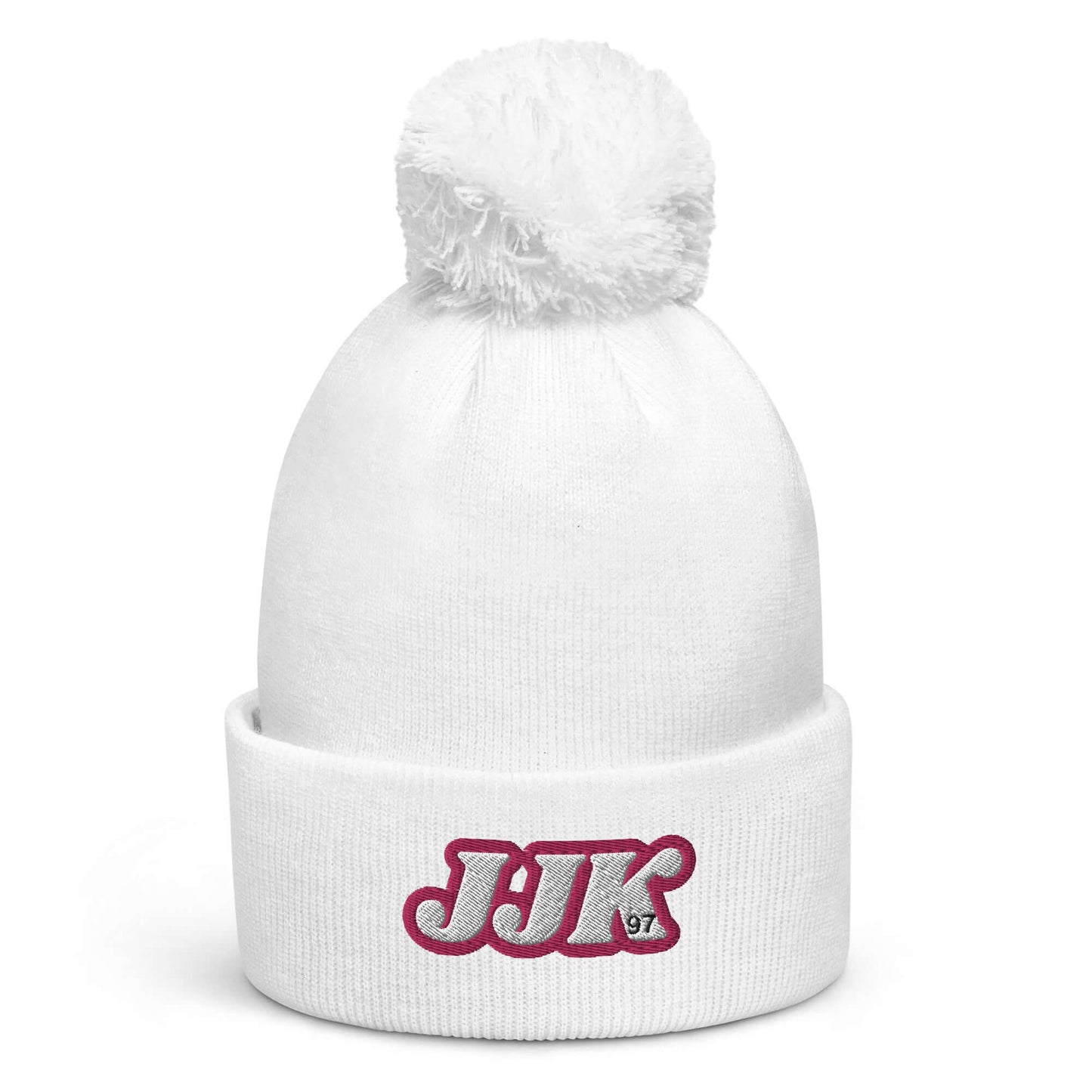 Jung Kook’s white pom pom beanie with bold JJK embroidery, soft-touch acrylic, perfect for winter adventures.