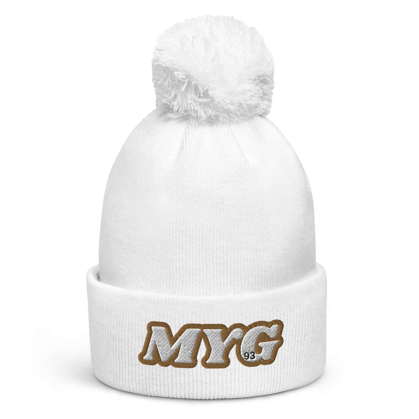 White Suga Pom Pom Beanie with MYG initials, BTS Kpop style, soft-touch acrylic, perfect for cozy vibes and trendy looks.