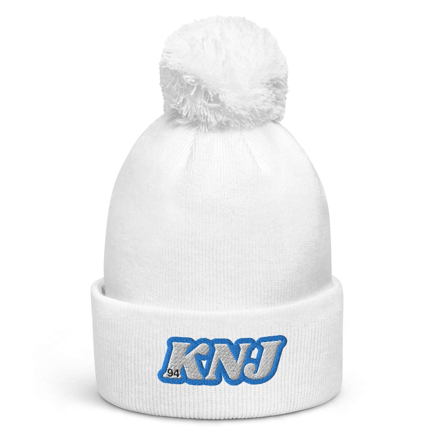 RM Kim Namjoon white pom pom beanie with initials, cozy double-layer knit for BTS and kpop fans, stylish winter accessory.