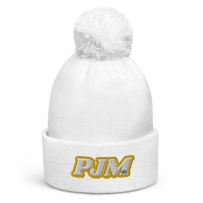 Cozy white pom pom beanie with PJM initials, perfect for Jimin fans. Stay warm and stylish this winter in soft-touch acrylic.