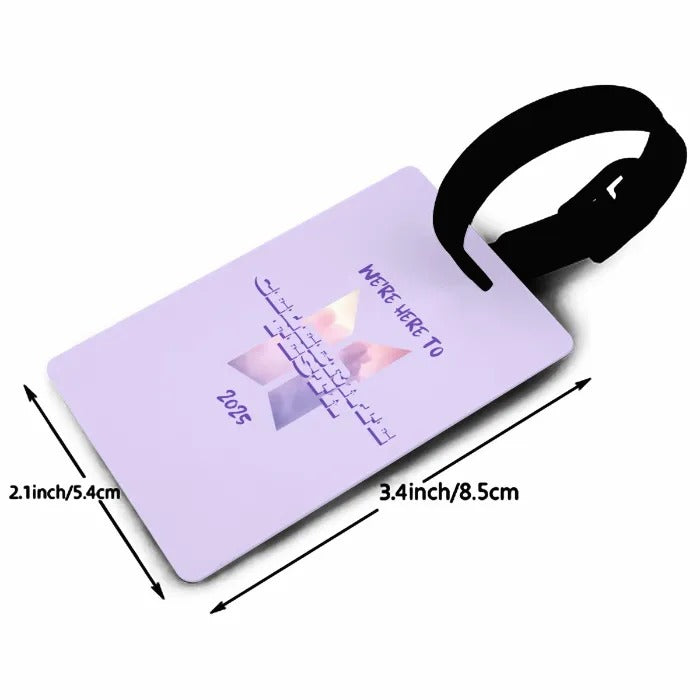 Size image of purple luggage tag with comeback BTS in 2025 message