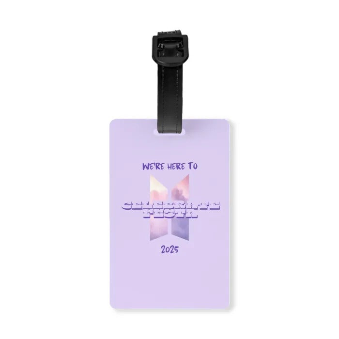 Frontside of a purple luggage tag with comeback BTS 2025 design